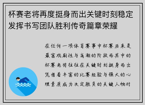 杯赛老将再度挺身而出关键时刻稳定发挥书写团队胜利传奇篇章荣耀